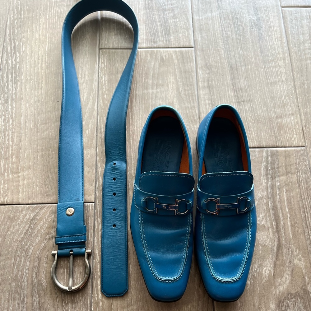Blue Salvatore Ferragamo shoes and belt (set of 2)